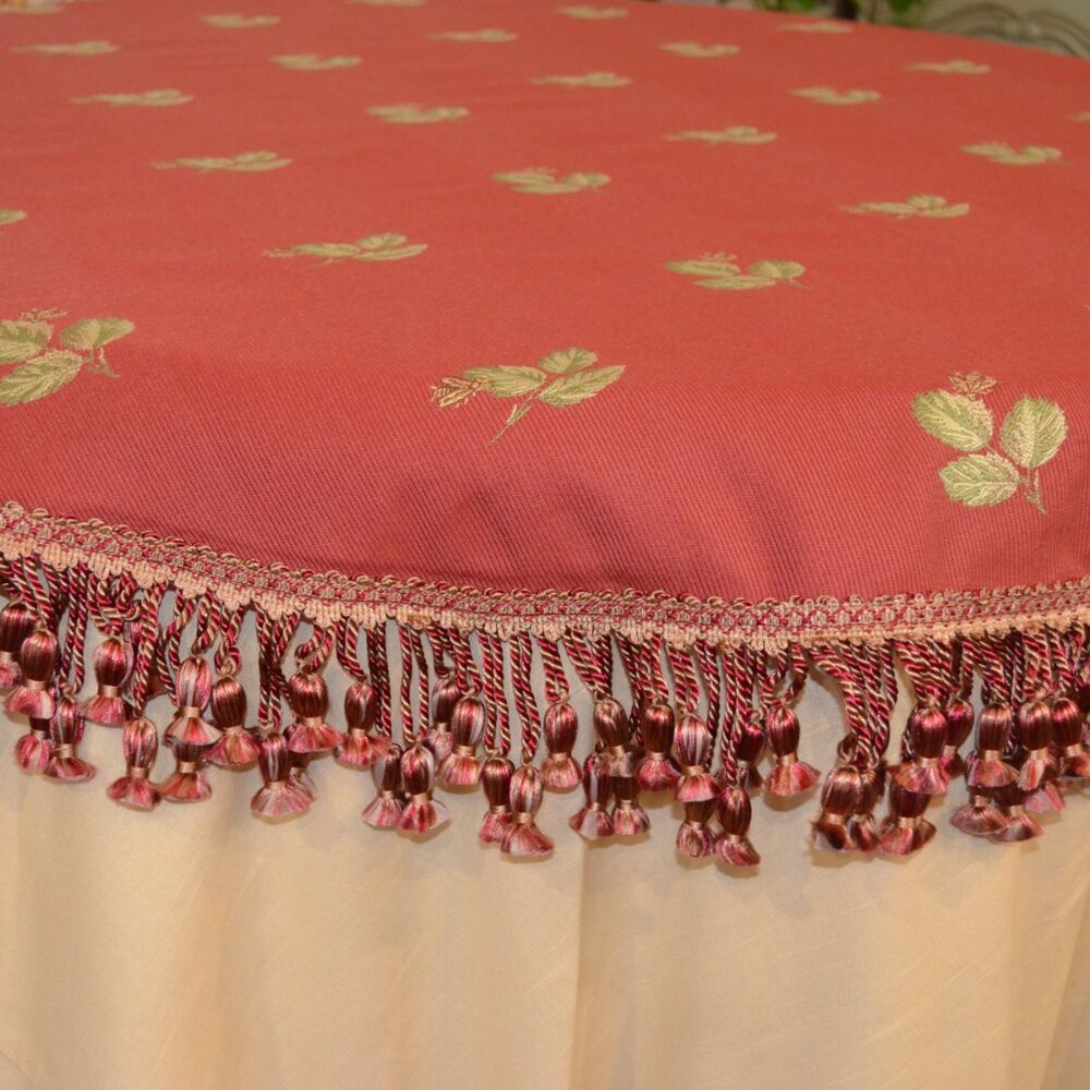 French Country Table Cover, Lined, 53 Inches Diameter, Rare Fabric and Trim, New - Picture 3 of 11